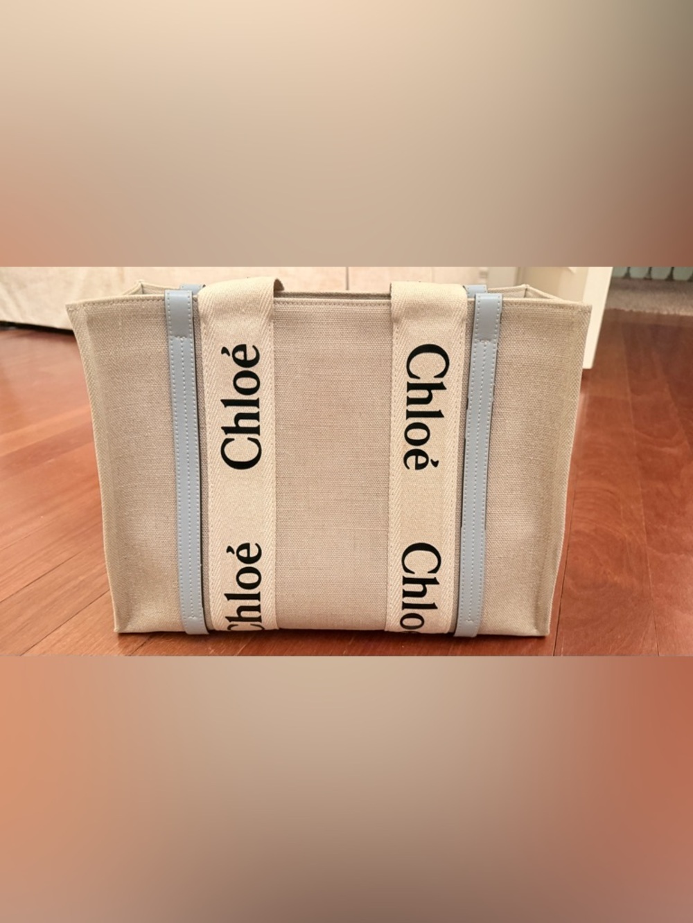 Chloé Woody Canvas Tote Woody with Black Logo Straps and baby blue trim
